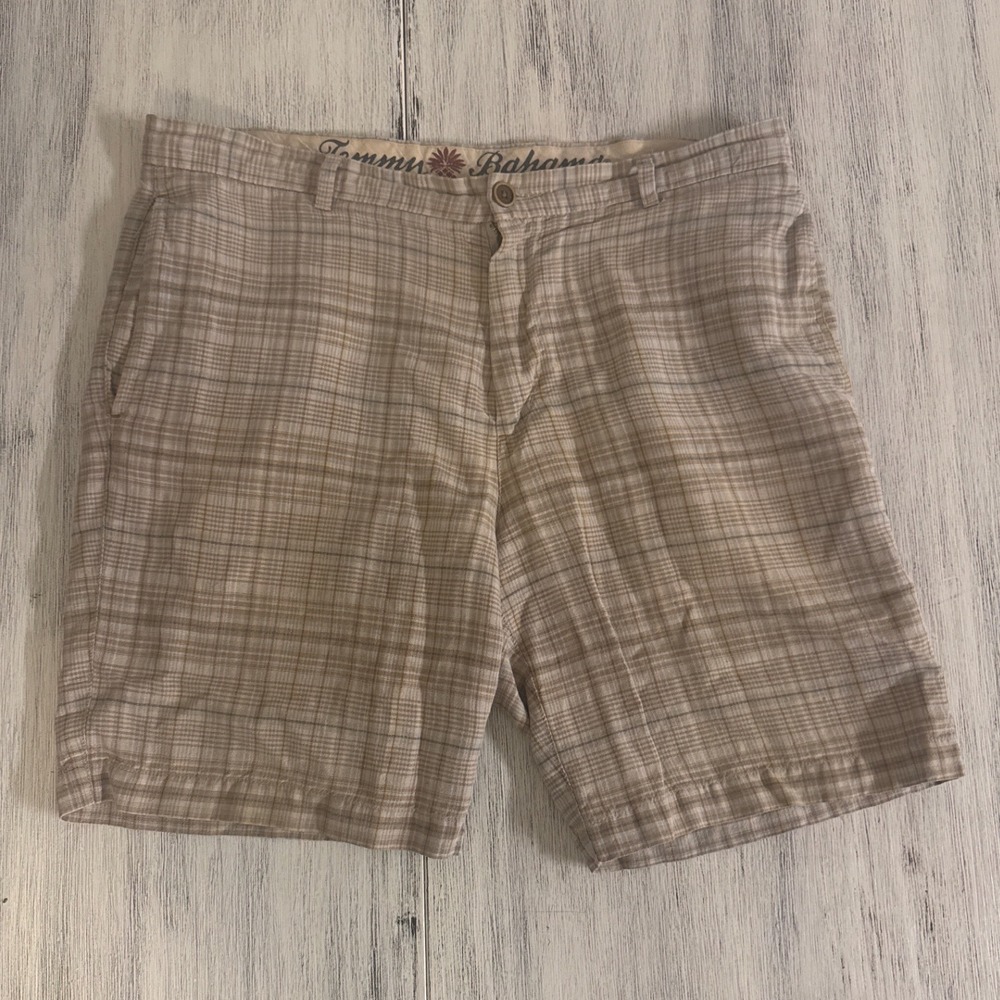 Tommy Bahama Mens 34 Tan Plaid Linen Tencel Blend Paradise Nation Shorts